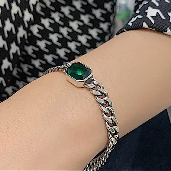 Emerald Green Sterling Silver Chain Link Bracelet - Picture 2 of 12